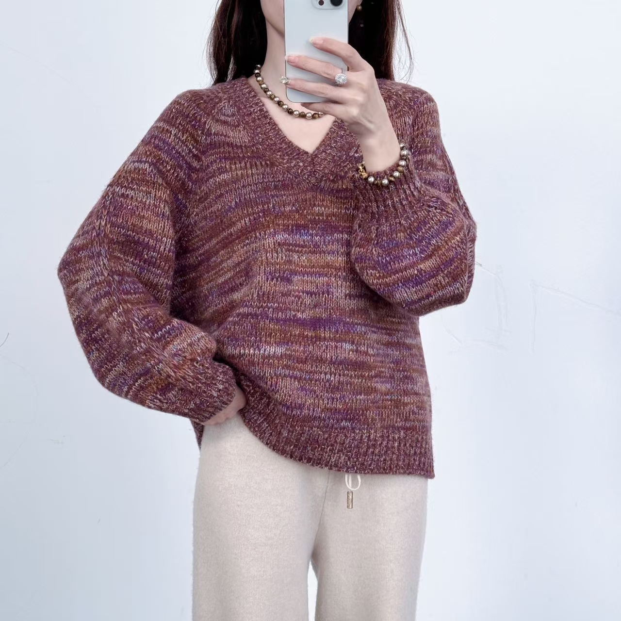 【卡诗米羊绒】26070-A潮牌时尚100山羊绒高定女款针织宽松上衣