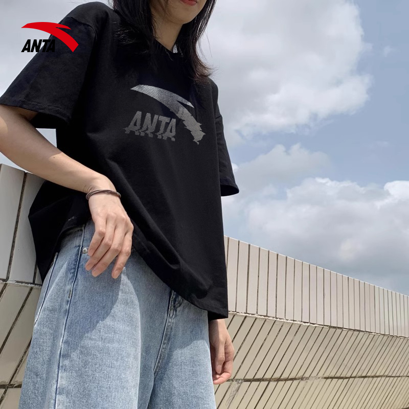 安踏女子黑色透气短袖t恤2024夏季新款圆领印花logo舒适半棉半袖