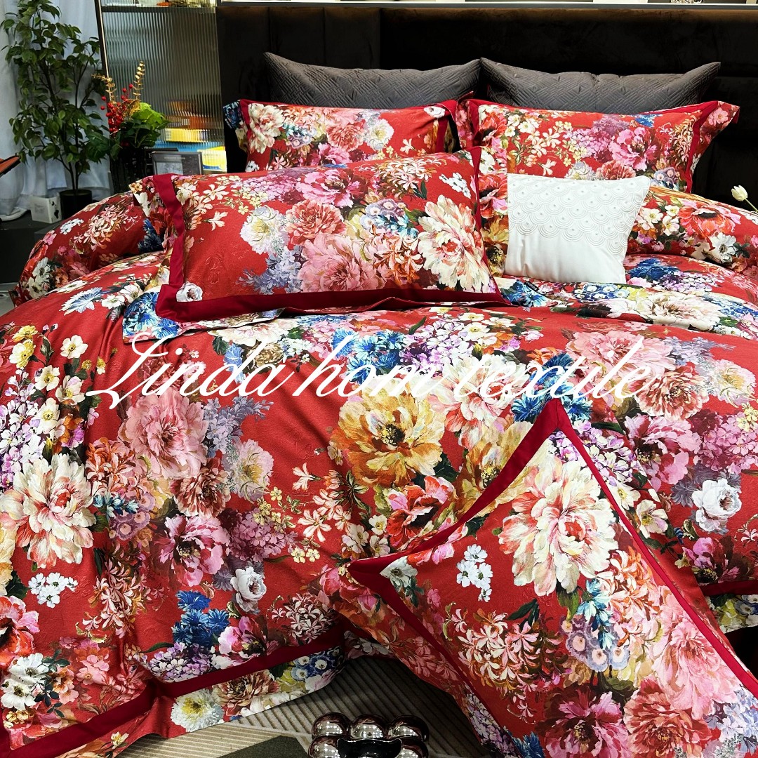 LD【暗香】乔迁喜庆红色高端亲肤四件套印花彩绘家纺床上用品四件套