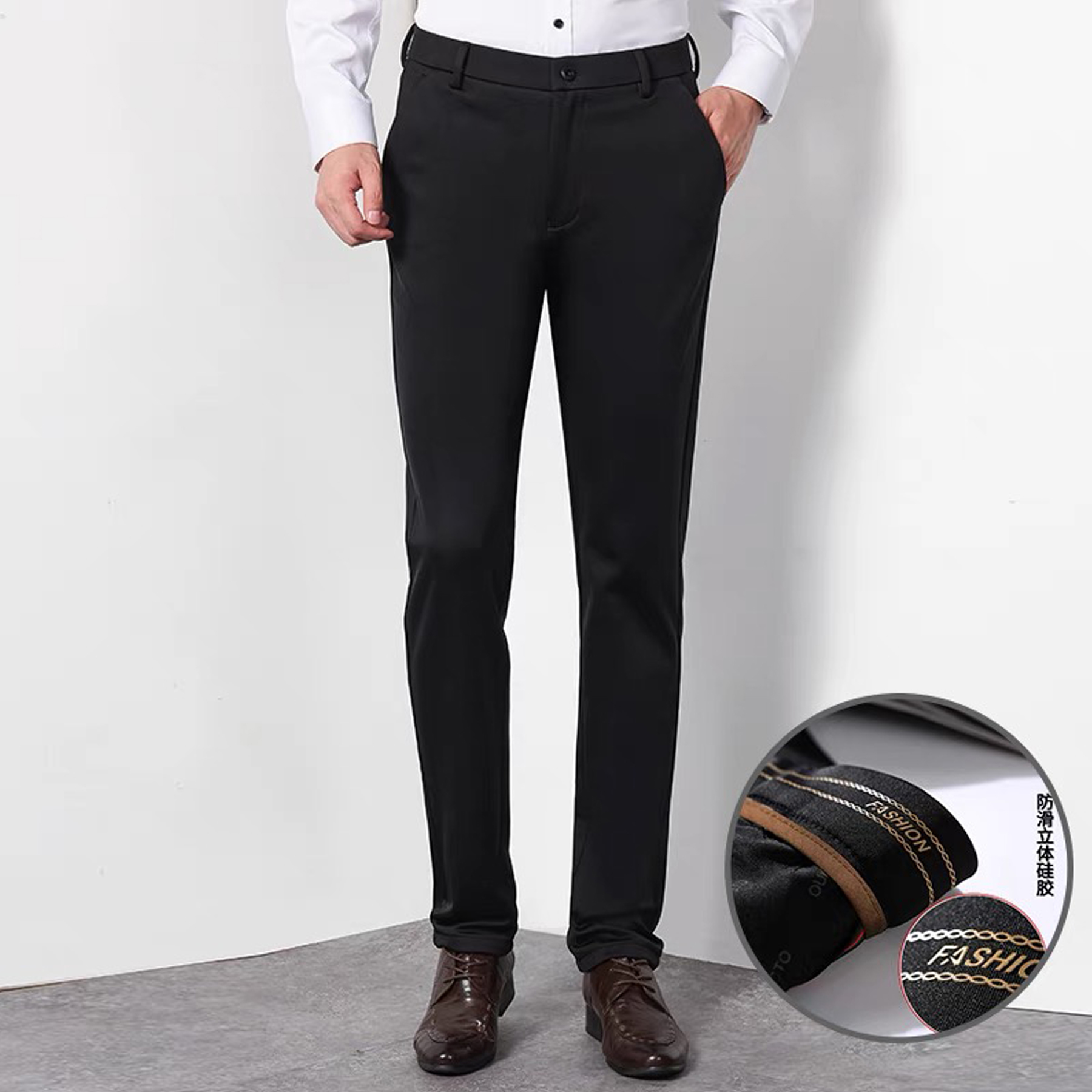 2024秋冬商务加绒男士锦氨弹力休闲纯色烫印合体直筒西裤--A01