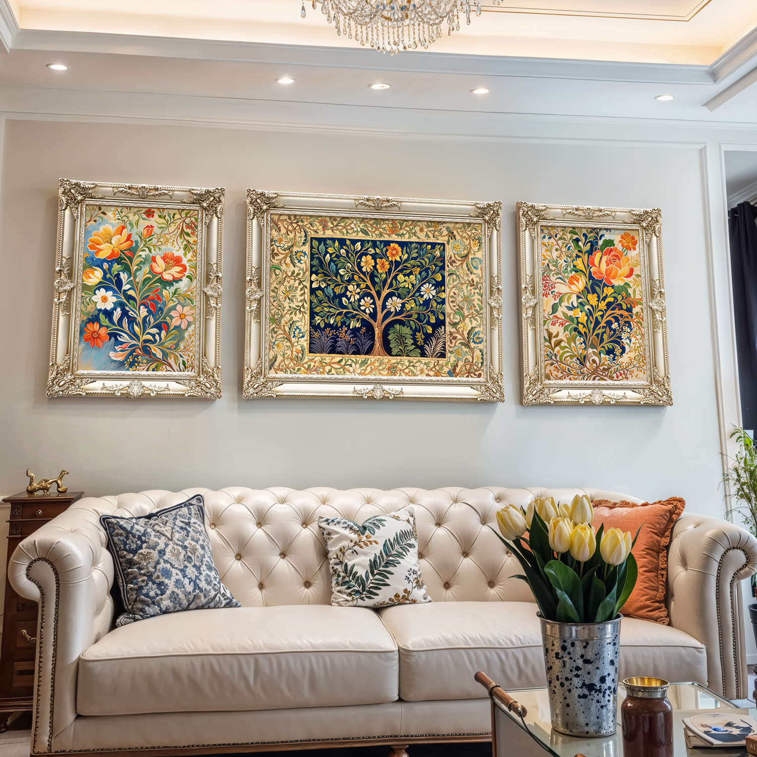 复古美式客厅装饰画三联组合沙发背景花卉欧式挂画幸福发财树油画