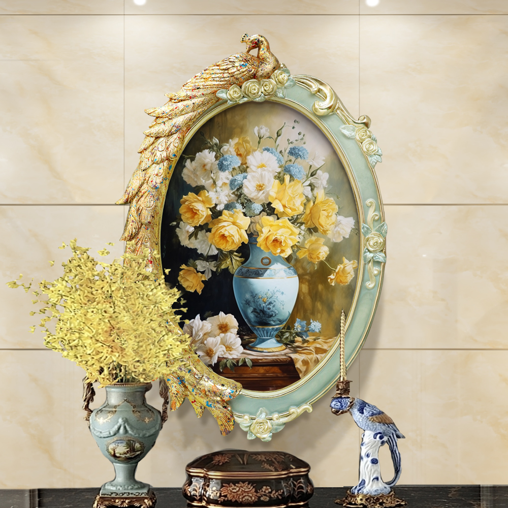 玄关装饰画竖版简欧独特壁画美式挂画孔雀框花卉画欧式油画