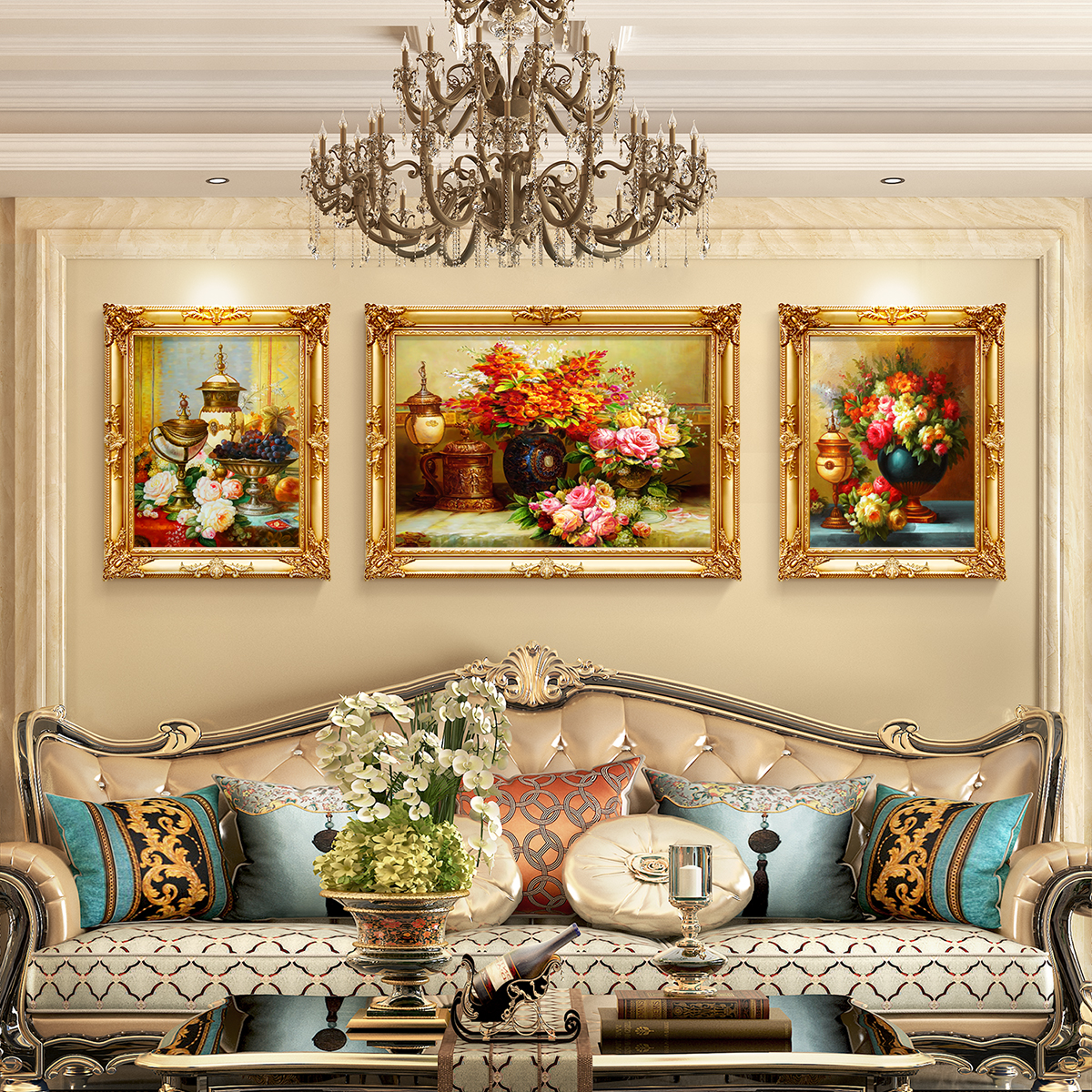 复古美式欧式油画客厅沙发背景墙装饰画三联花卉画餐厅挂画壁画
