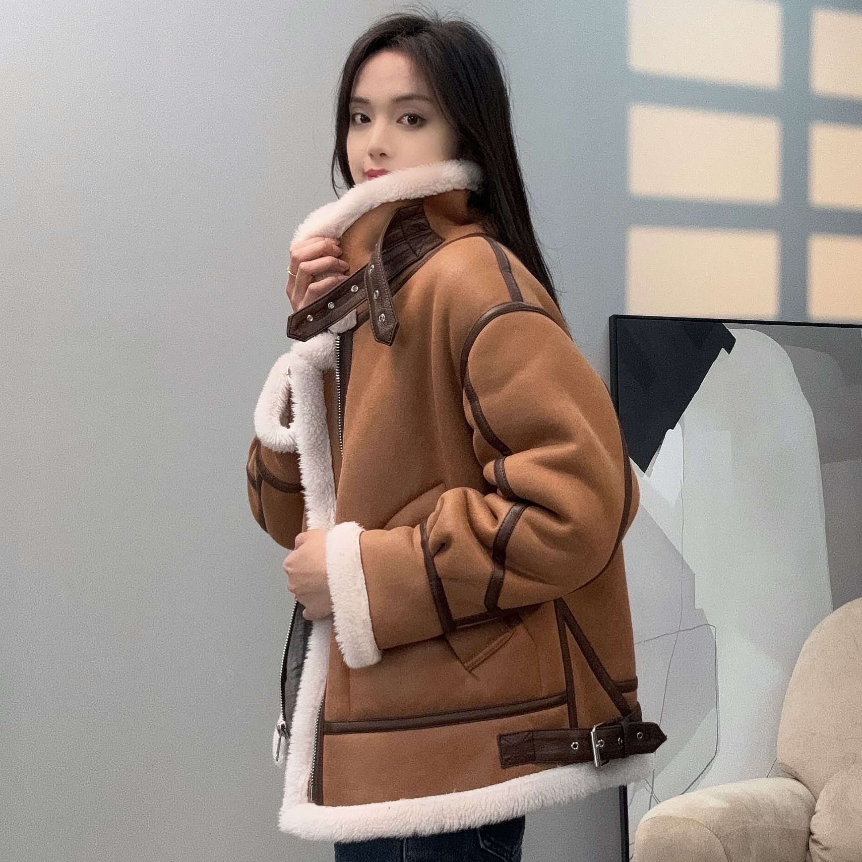 反季清仓 100羊毛 修身显瘦 复古一体加厚冬季羊羔绒女士外套