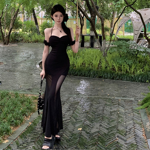 辣妹露背度假网纱拼接透视修身显瘦连衣裙长款气质性感夏季收腰女