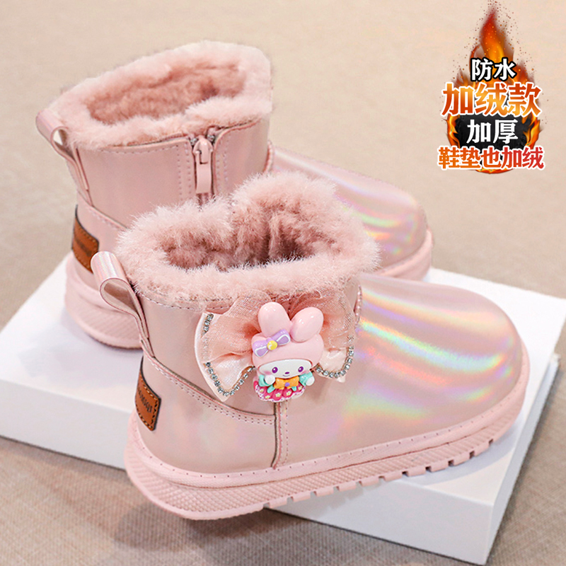 旺贝回力女童鞋大棉鞋冬季2023新款儿童加绒加厚雪地靴女孩毛毛棉