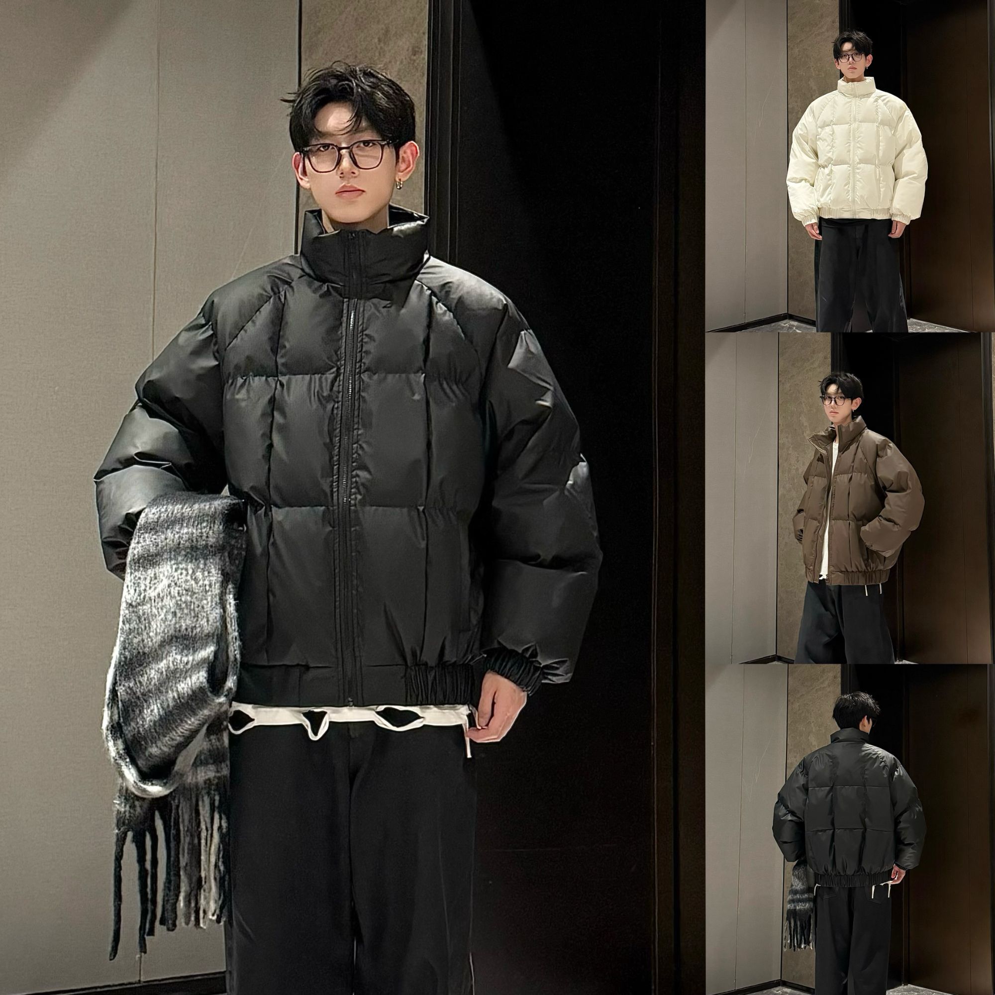 三七-吐司方格冬季pu皮蓬松保暖棉服情侣防水防污设计师款棉衣