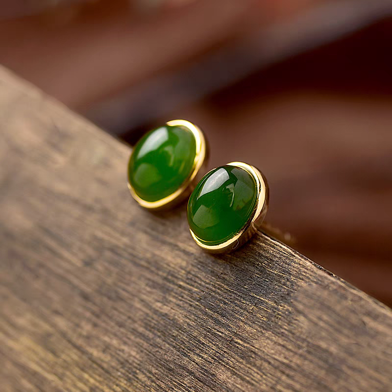 天然和田玉碧玉蛋面耳钉女款夏天新中式国风S925银度金镶玉石耳饰