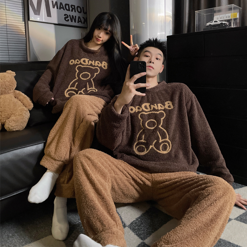 情侣睡衣女秋冬季新款半边绒加绒加厚男士睡衣可外穿法兰绒家居服