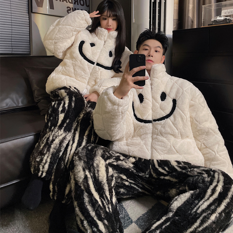 简约韩版三层夹棉情侣睡衣女冬季睡衣男士加绒加厚保暖棉袄家居服