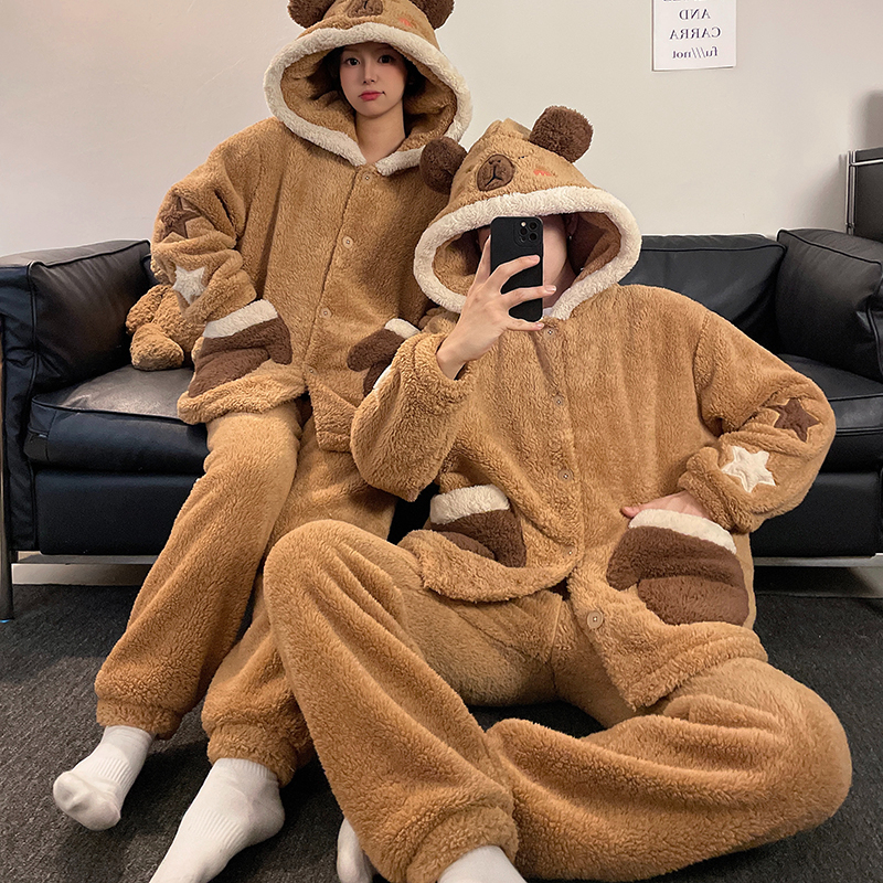 情侣睡衣女连帽简约珊瑚绒冬季男士睡衣加绒加厚保暖法兰绒家居服