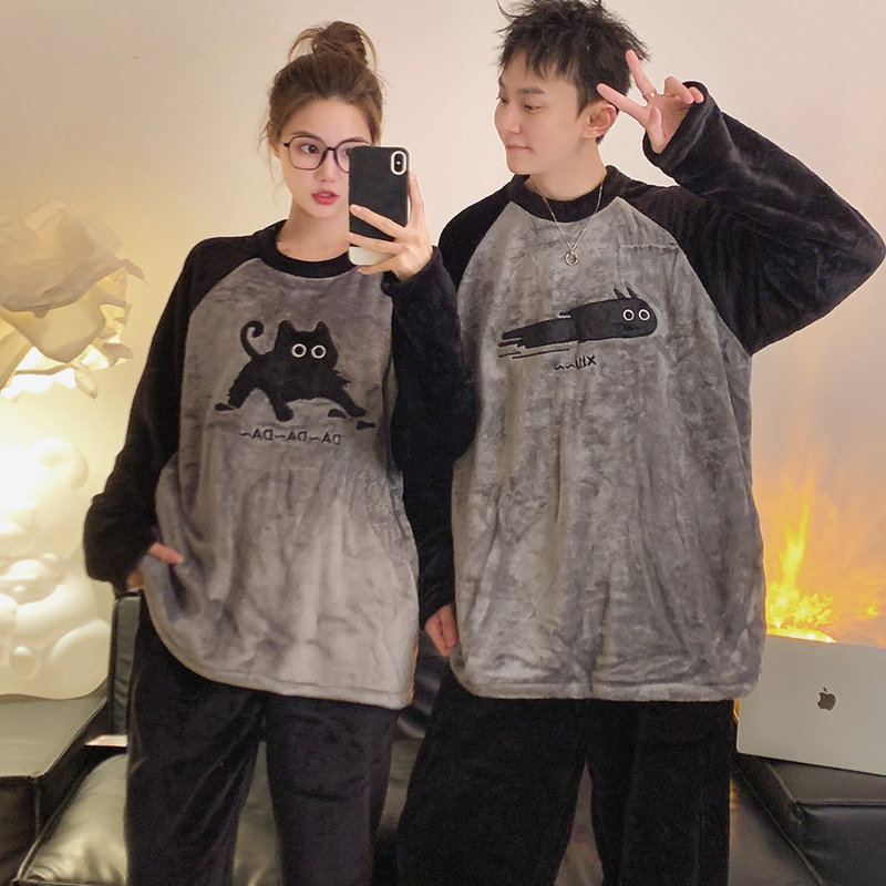 简约百搭情侣睡衣女珊瑚绒冬季睡衣男士加绒加厚保暖法兰绒家居服