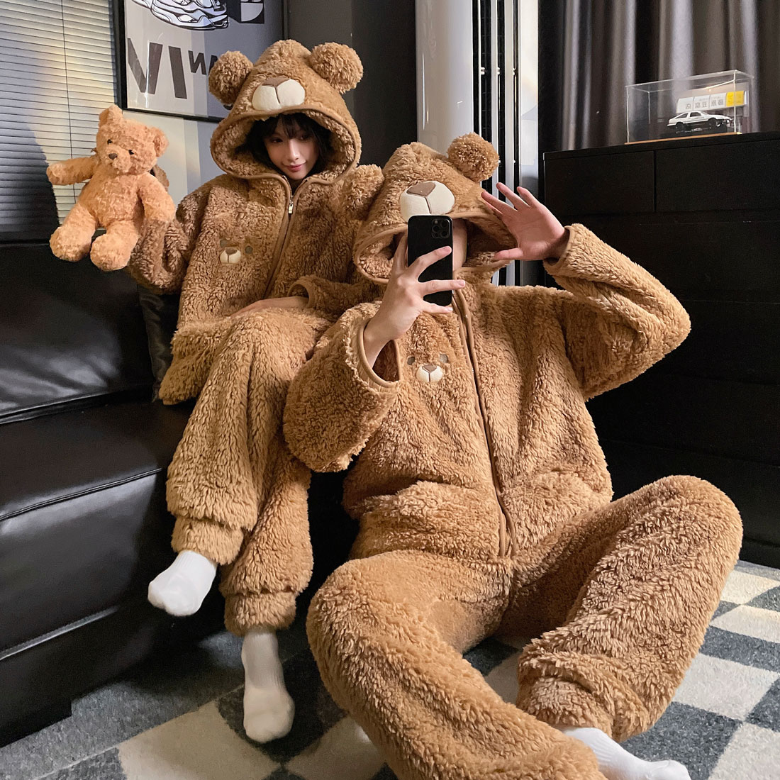 连帽拉链情侣睡衣女珊瑚绒冬季睡衣男士加绒加厚保暖法兰绒家居服