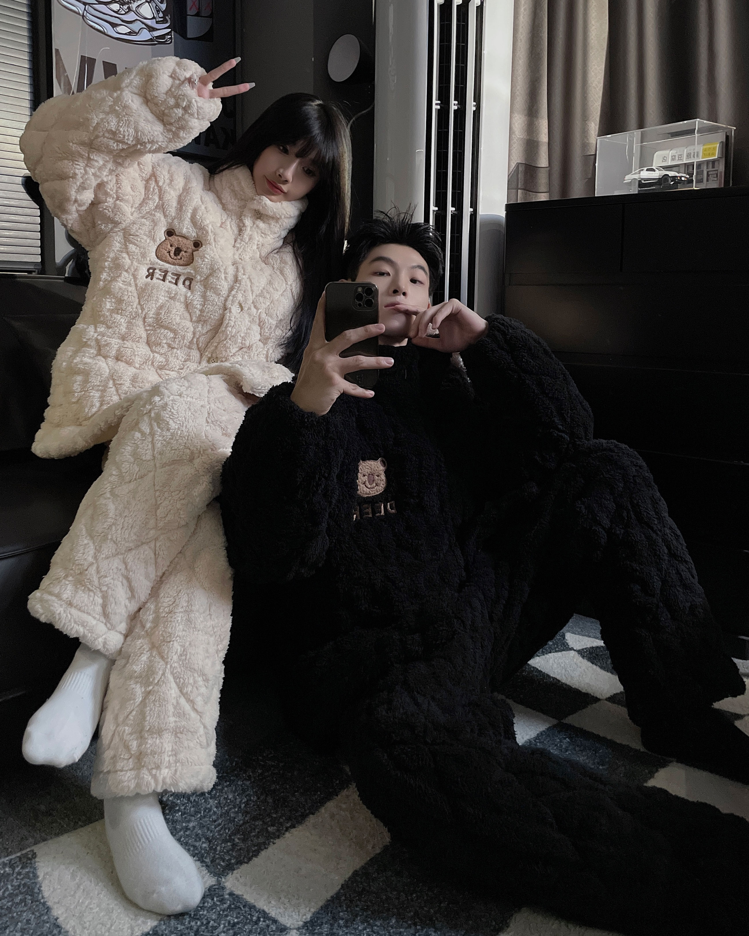 新款韩版三层夹棉情侣睡衣女冬季睡衣男士加绒加厚保暖棉袄家居服