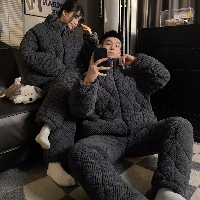 三层夹棉袄情侣睡衣女冬季款珊瑚绒加厚加绒男士睡衣法兰绒家居服
