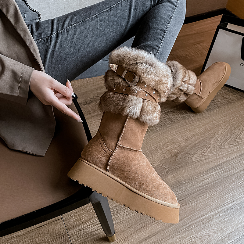 百丽纯爱东北雪地靴女冬加绒加厚2023年新款厚底中筒棉鞋时尚百搭