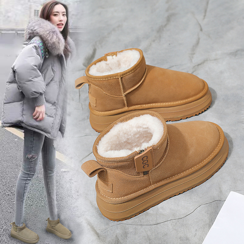 百丽纯爱厚底雪地靴女款2023冬季新款女鞋加绒加厚保暖防滑短筒雪