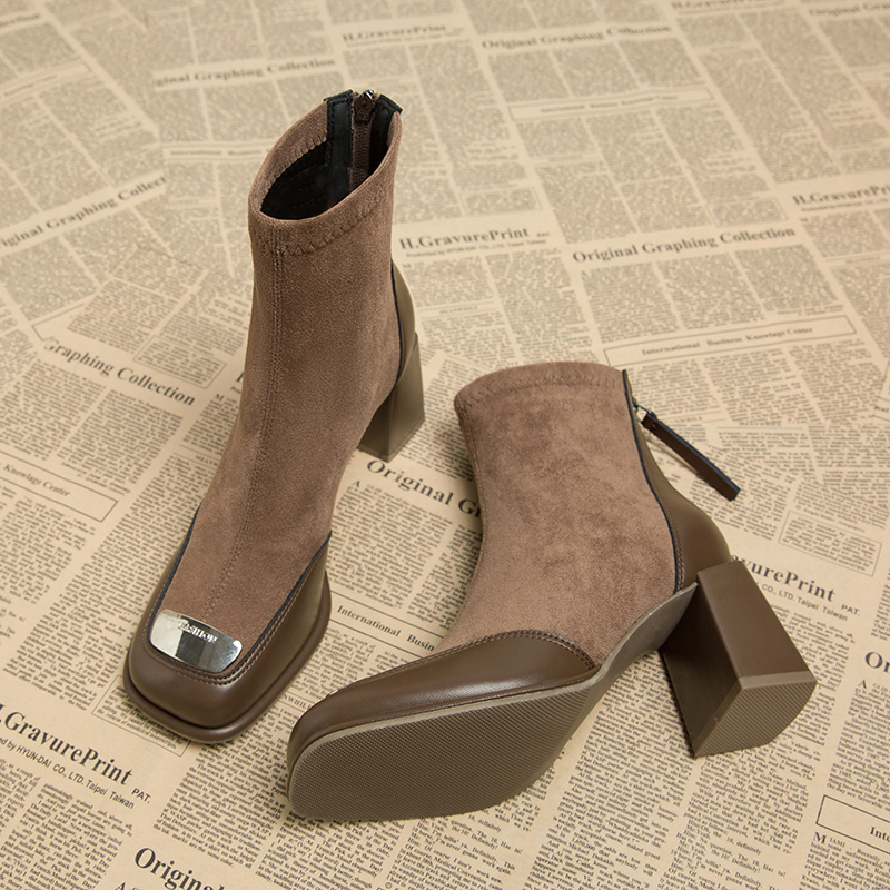 百丽纯爱法式小裸靴2023年新款秋冬爆款粗跟小短靴女真皮瘦瘦靴加