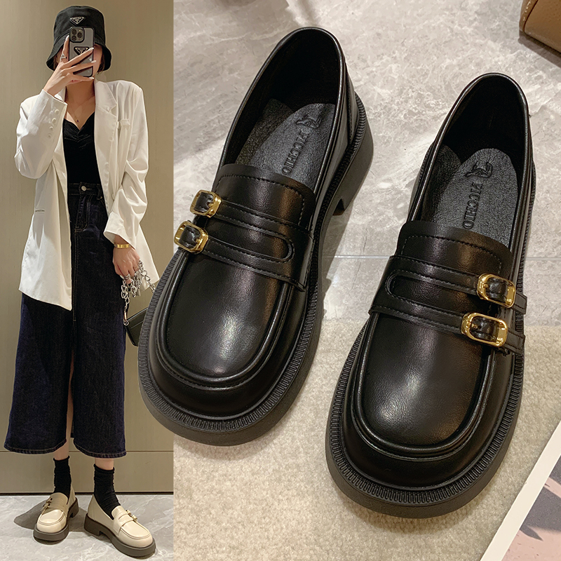 百丽纯爱软皮软底乐福鞋女2023春秋新款小皮鞋英伦风厚底一脚蹬玛
