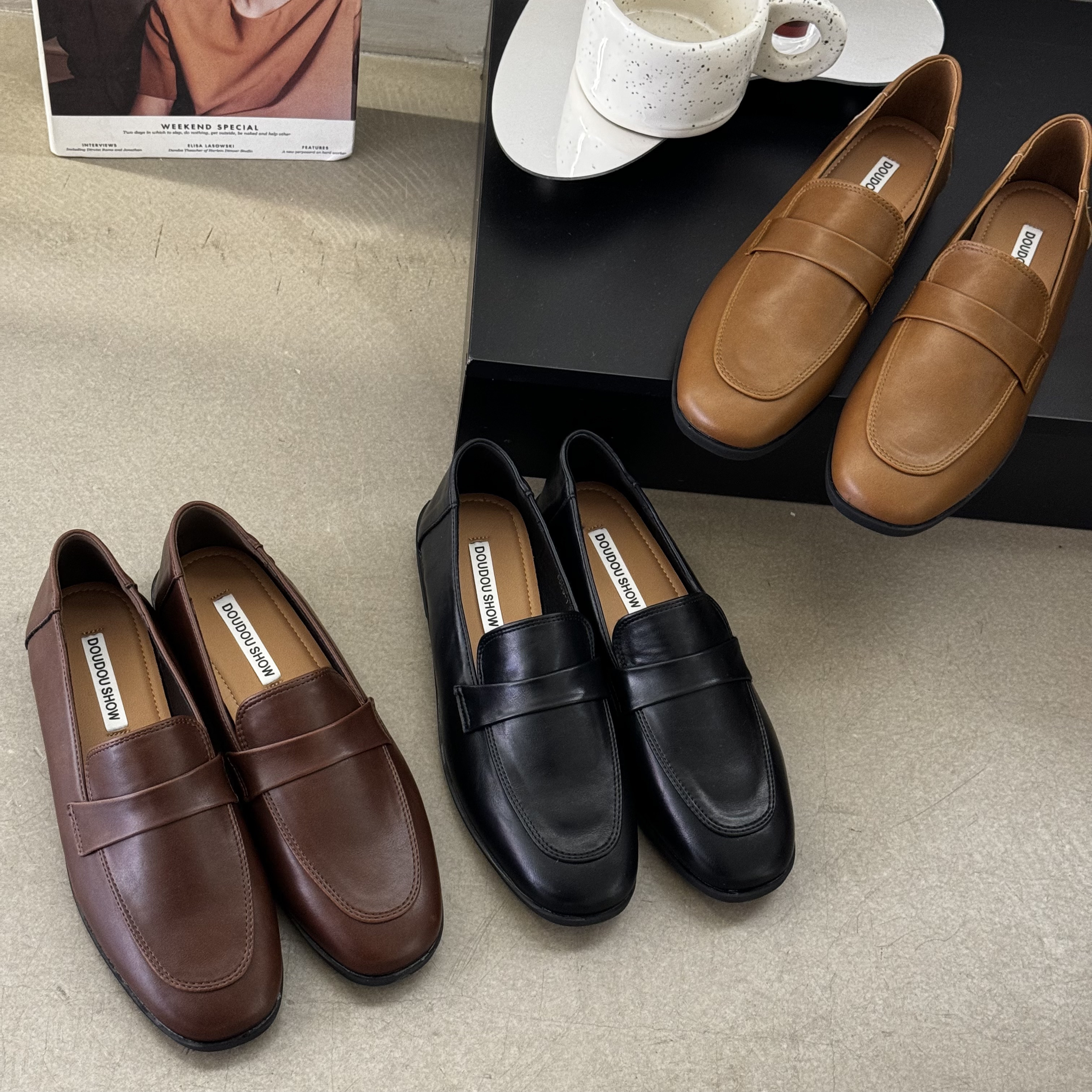 新款爆款低跟乐福鞋秋冬静面英伦风黑色小皮鞋工作鞋圆头6009-1