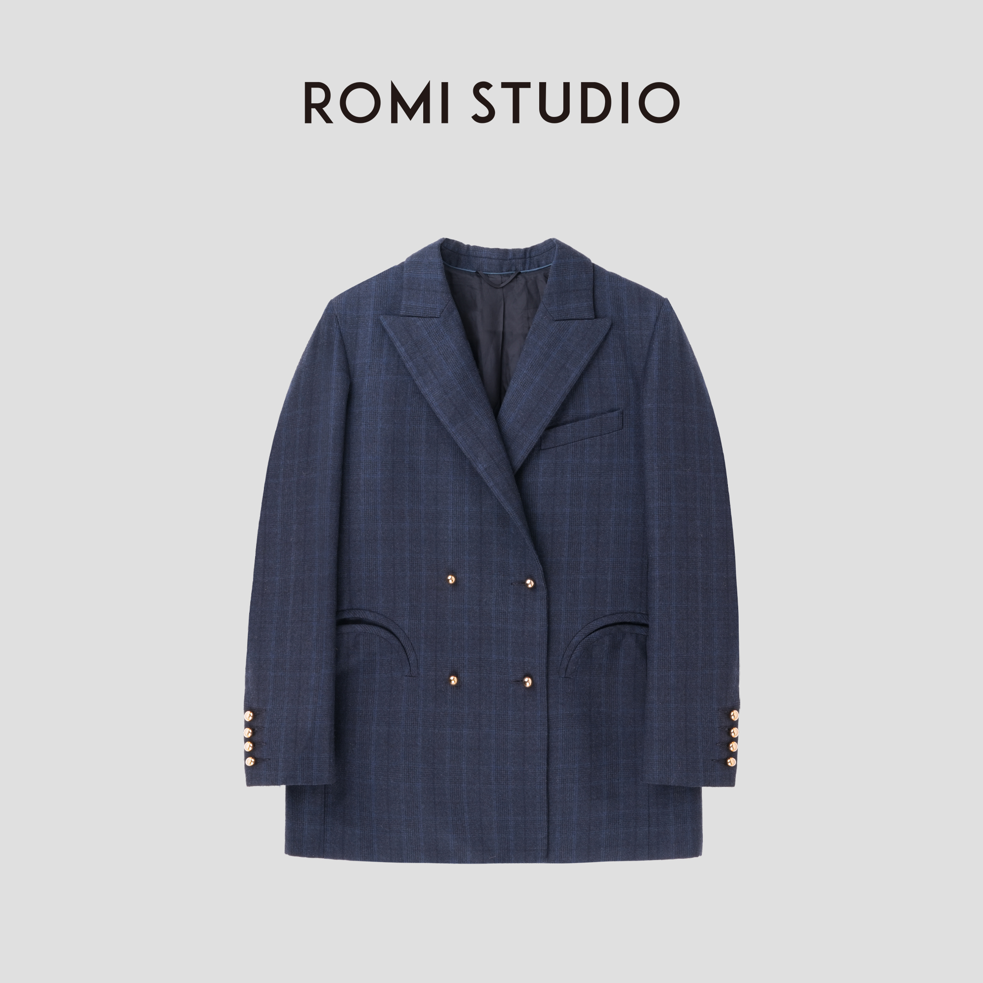 ROMI STUDIO"Vintage"系列定制羊毛混纺西装领双排扣外套23AWW527