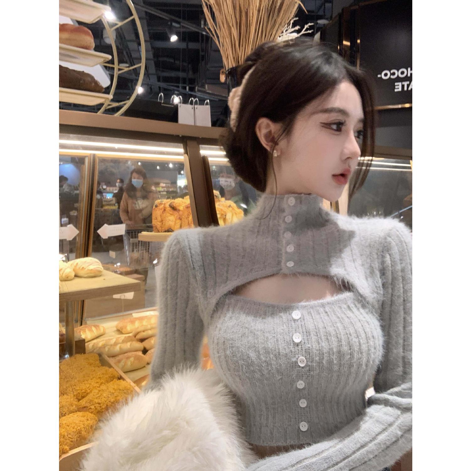 半高领针织衫打底衫女秋冬季2023纯欲甜辣高级感软糯毛衣短款上衣