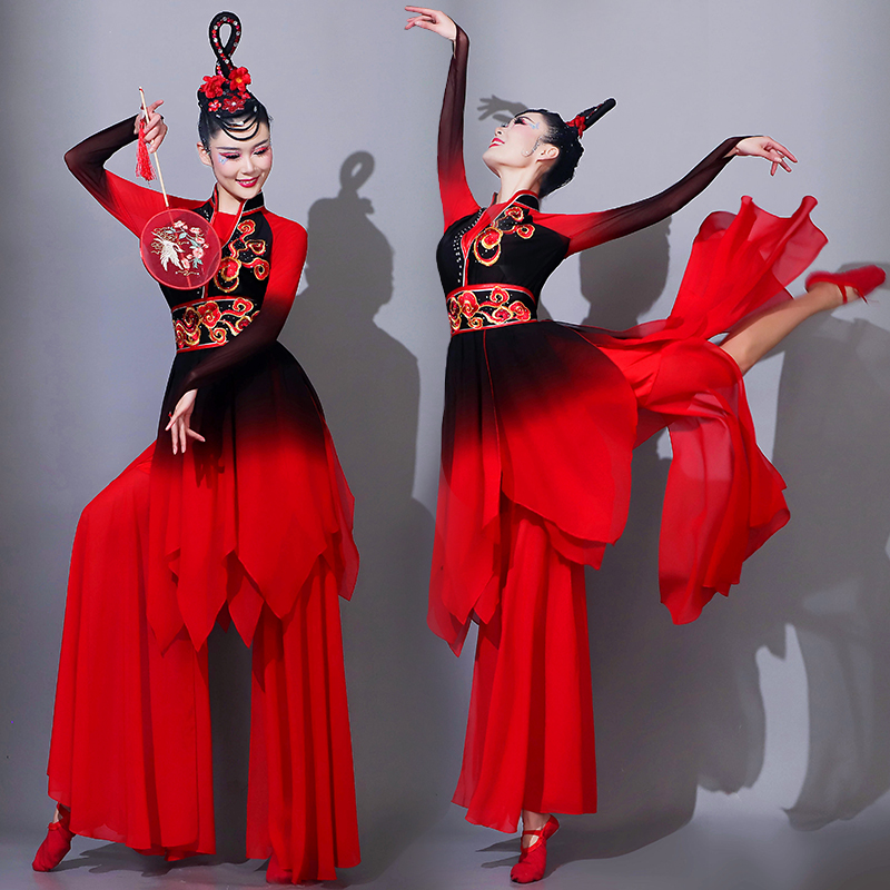 古典舞演出服女飘逸红色艺考中国风现代舞练功服套装秧歌舞蹈服装