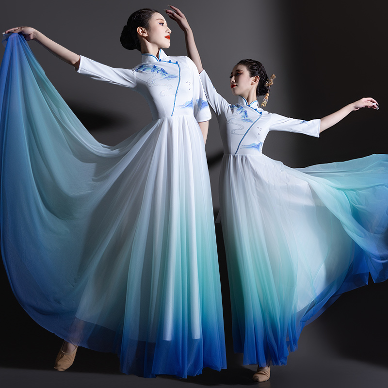 合唱团演出服长裙歌唱朗诵青花瓷礼服中国风大合唱服装歌伴舞蹈服