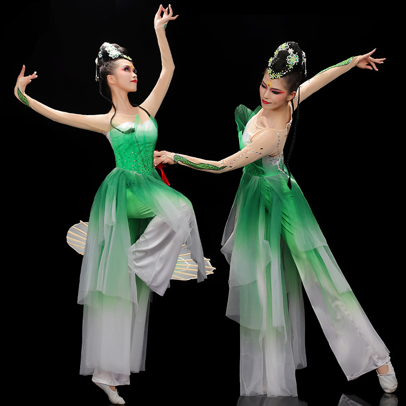 古典舞演出服女飘逸中国风茉莉花开扇子舞蹈服装大摆伞舞秧歌套装