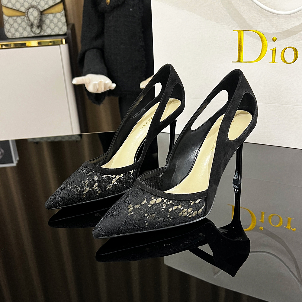 百搭网红真皮浅口高跟鞋女黑色蕾丝细跟尖头性感时尚气质高跟女鞋