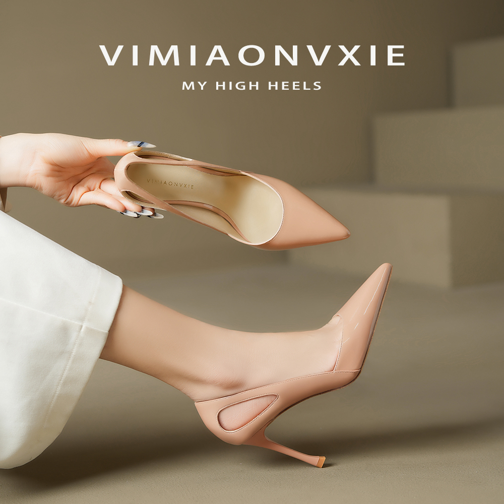 真皮浅口高跟鞋女裸色细跟不累脚小众设计感尖头气质白色时尚单鞋