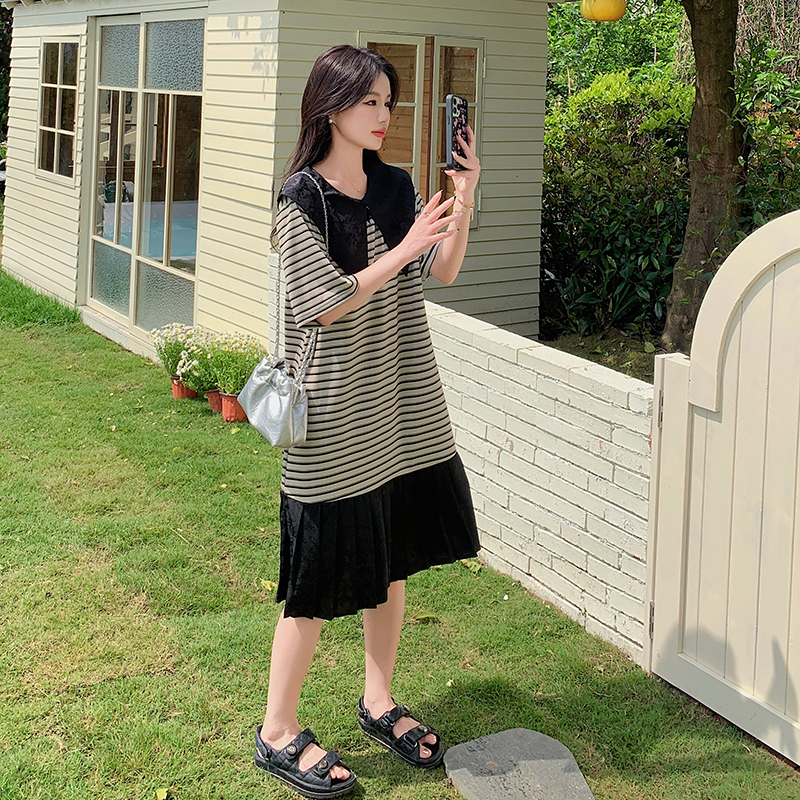 可盐可甜娃娃领条纹T恤连衣裙女中长款小个子宽松减龄直筒卫衣裙