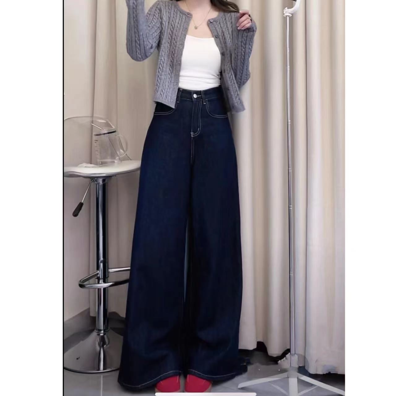 深蓝色阔腿牛仔裤女2024年秋季新款宽松显瘦慵懒风阔腿长裤子028