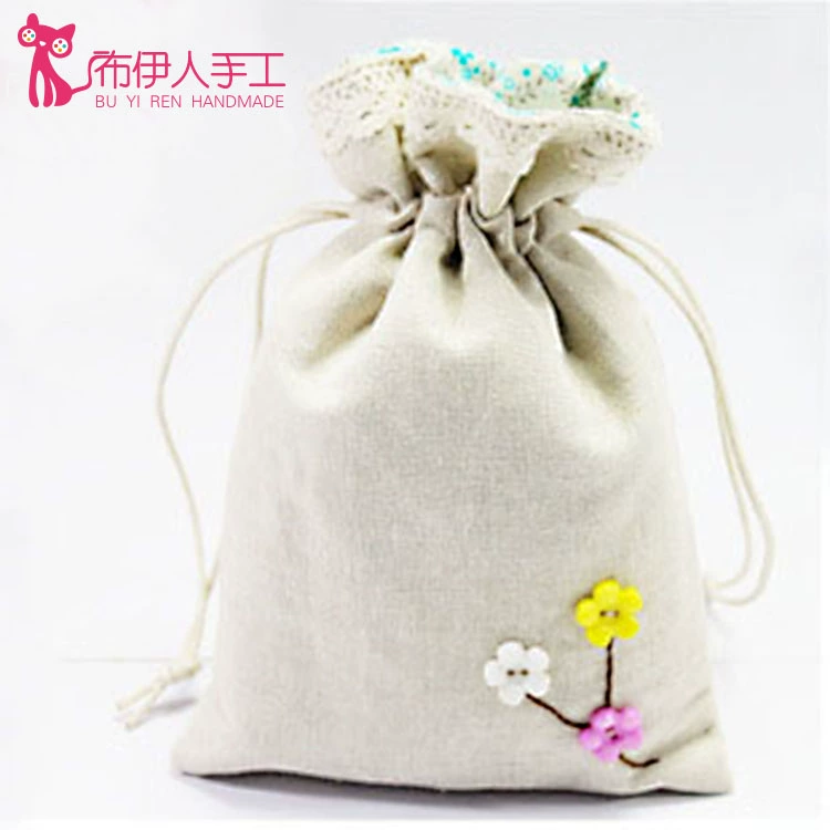 手工布艺DIY免裁剪拼布材料包 手工素色棉麻束口袋缩口袋