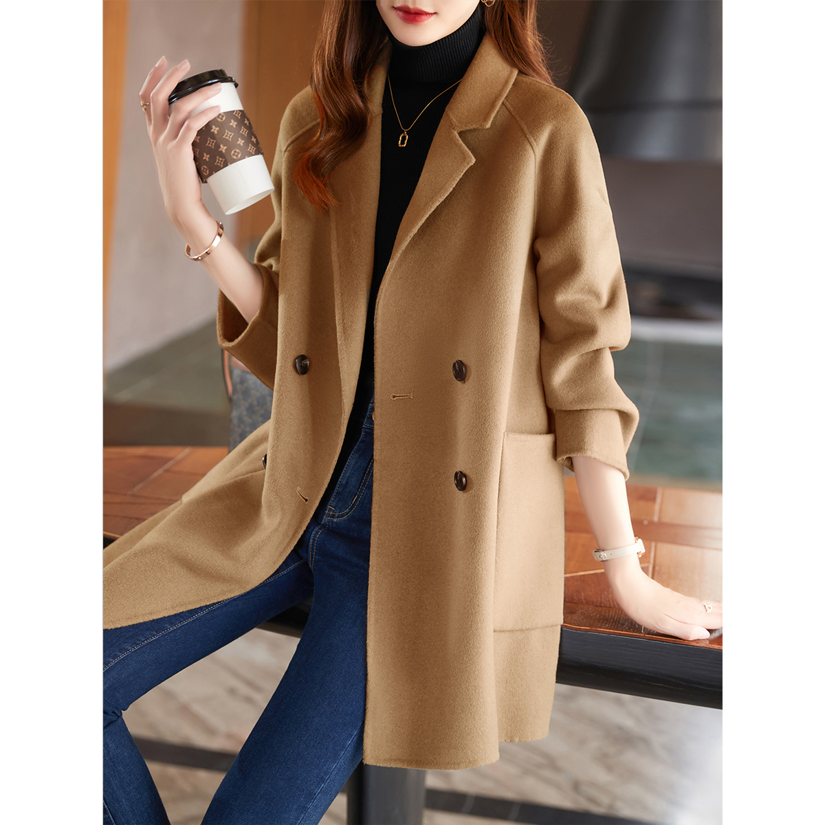 XWI/欣未2025春双面呢外套毛呢大衣宽松韩版高级感气质羊毛大衣女