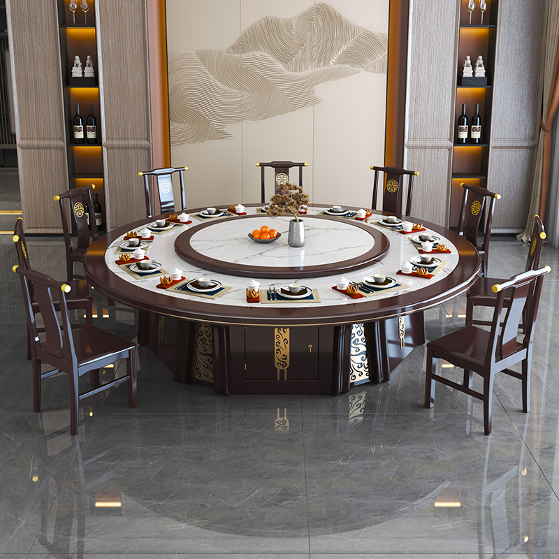 酒店大圆桌岩板餐桌电动转盘轻奢现代简约饭店会所电磁炉火锅定制