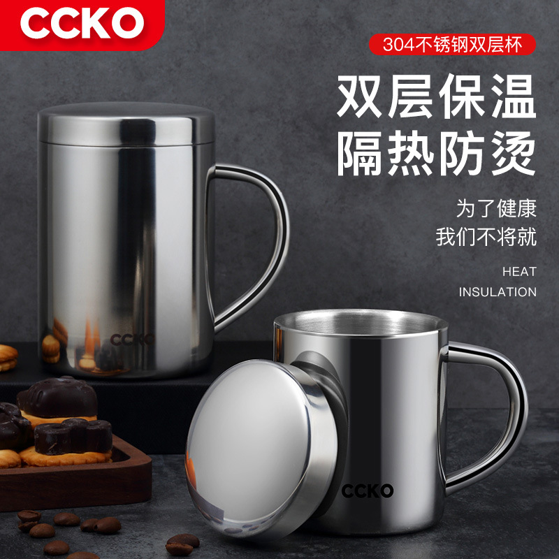 304不锈钢双层隔热杯儿童牛奶杯咖啡杯带盖隔热防烫杯茶水防摔杯