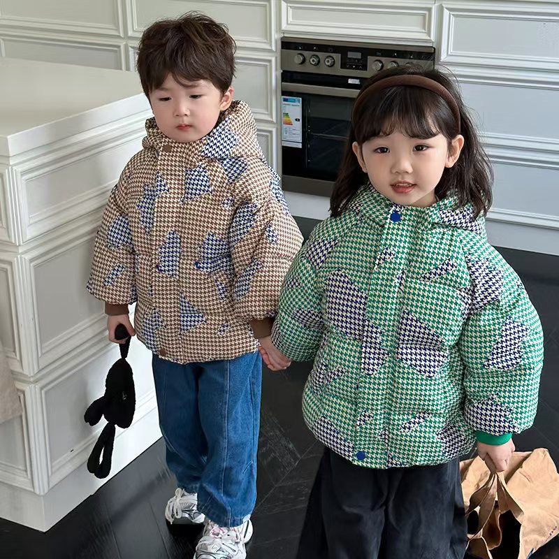 冬季儿童千鸟格面包服棉衣加绒加厚