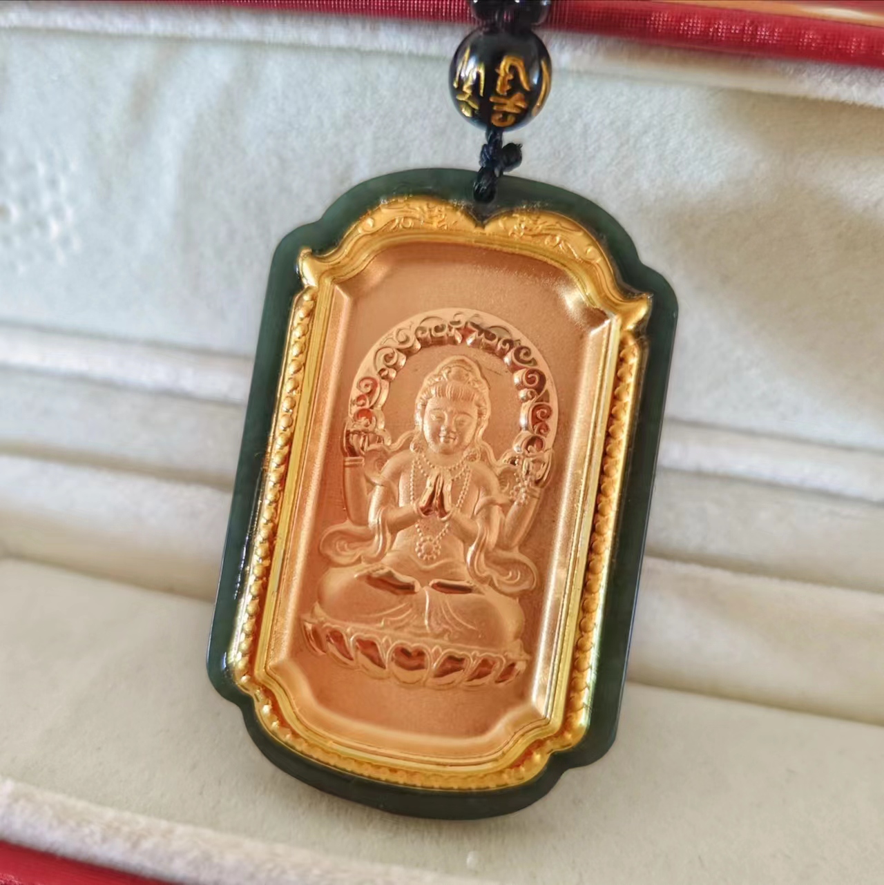 【含999金】和田玉观音吊坠足金镶嵌-精品收藏A084