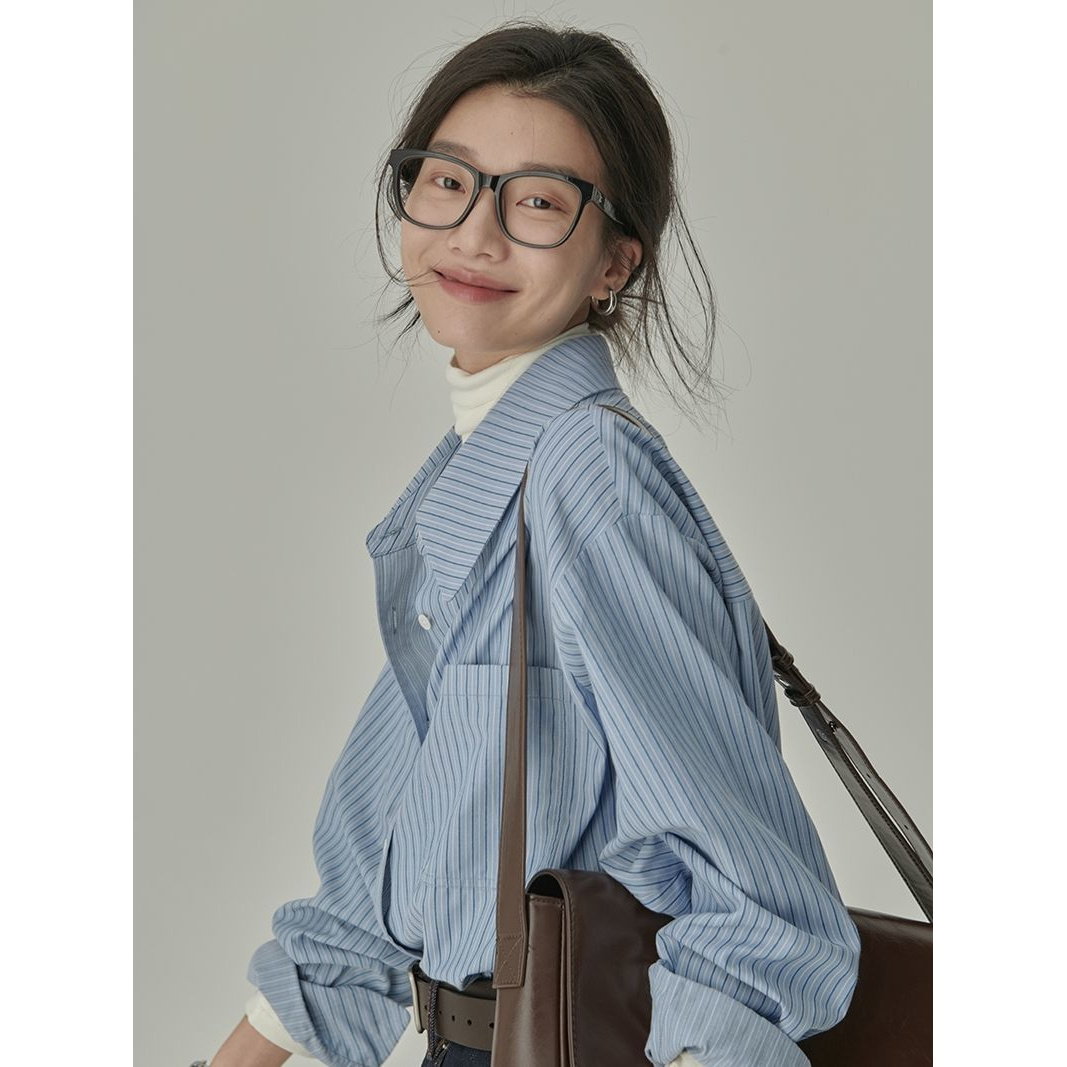 秋季新款本期B入颜值衬衫学院风蓝色条纹宽松垂感衬衣打底上衣女