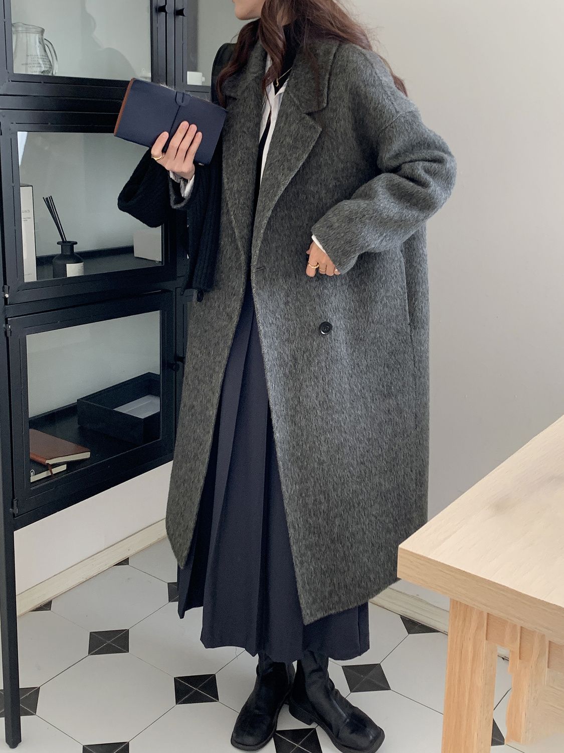 灰色双面羊大衣女中长款2023年新款秋冬气质高端爆款羊毛呢外套
