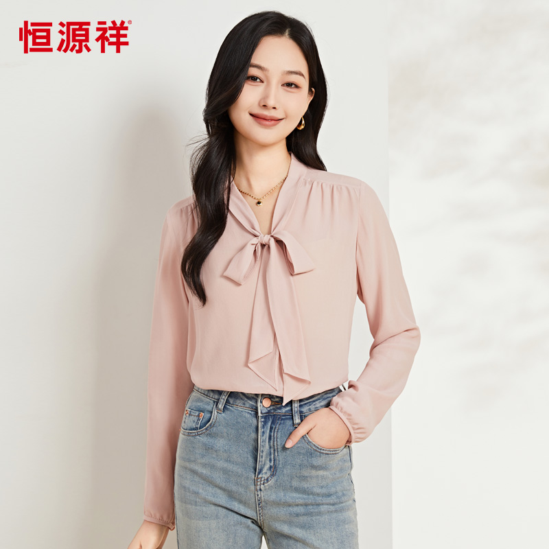 恒源祥气质长袖真丝上衣女士新款套头桑蚕丝小衫纯色飘带一秒入夏