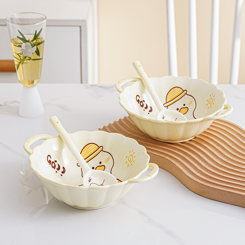黄小鸭大汤碗2碗2勺家用陶瓷学生吃饭沙拉碗甜品双耳碗卡通泡面碗