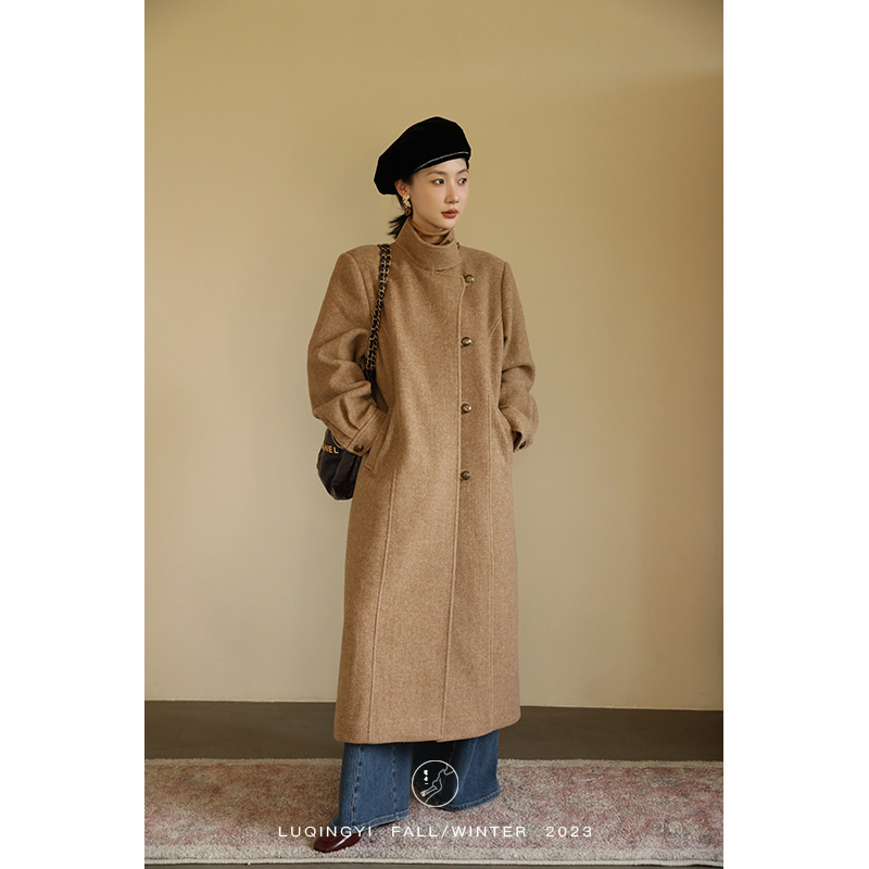 鹭青一原创【晚杏】绵羊毛大衣女秋冬立领复古毛呢外套L23W1695H