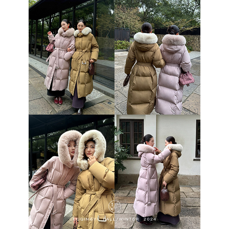 鹭青一原创【盈握】90白鹅绒狐狸毛长款连帽羽绒服女冬L24Y0530L