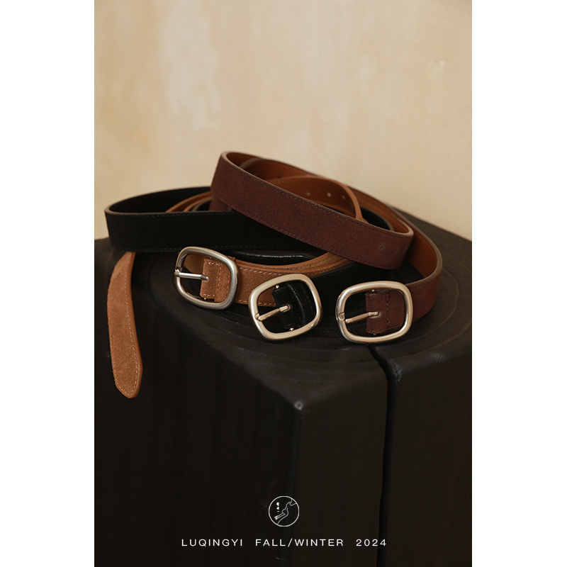 鹭青一原创 麂皮绒腰带女复古做旧二层牛皮搭配皮带L24S6776