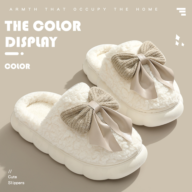 棉拖鞋女冬季外穿2025新款蝴蝶结厚底防滑可爱毛毛加绒棉鞋女士冬