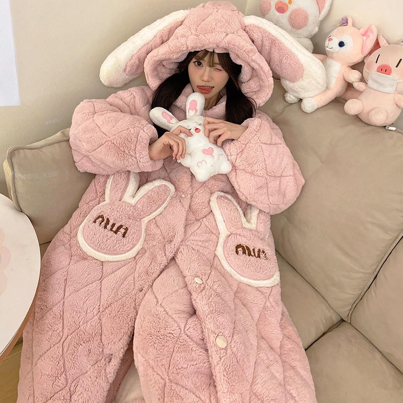 睡衣女冬季款三层夹棉珊瑚绒睡袍加绒加厚新款加肥加大家居服套装