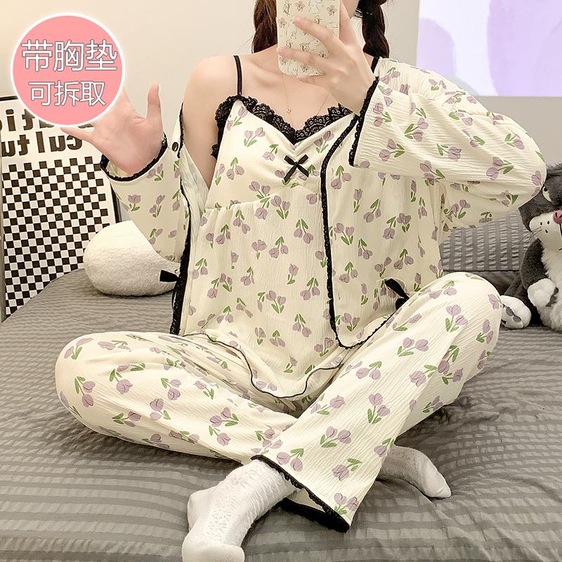 春夏季薄款长袖开衫吊带蕾丝花边背心睡衣女士带胸垫家居服三件套