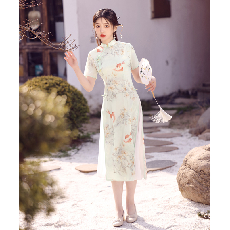 XY-2667 旗袍夏季新款奥黛风清新少女气质中长款连衣裙